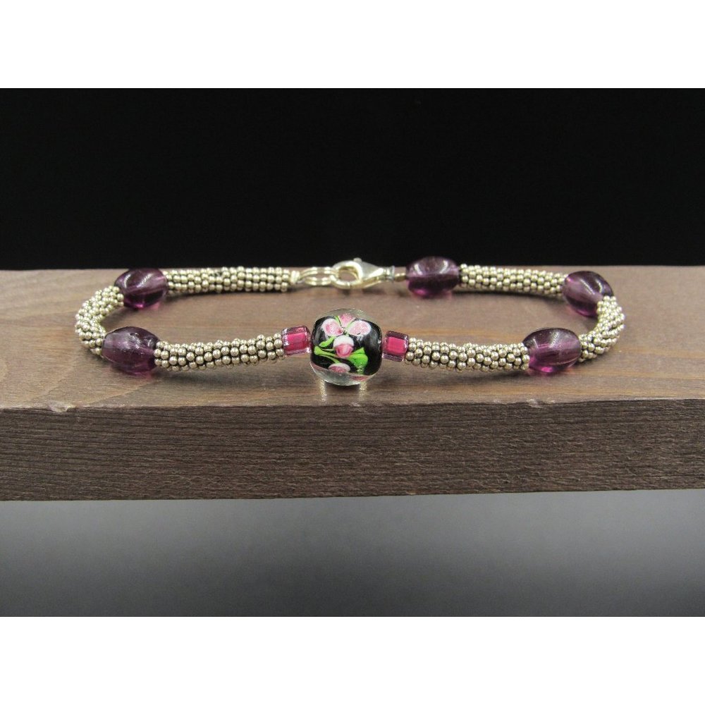8" Sterling Silver Handmade Flower Glass Chain Bracelet Vintage Elegant